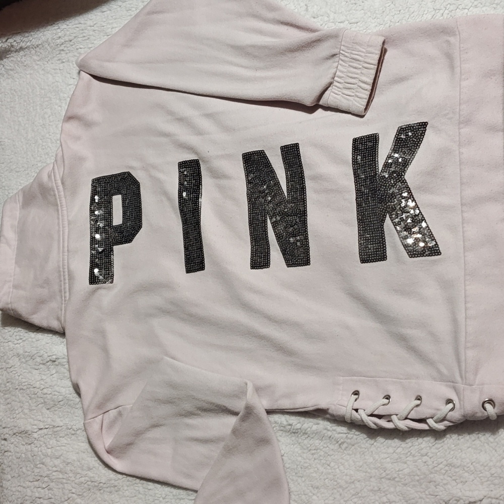 Pink Victoria Secret Hoodie No Front Pocket With Bliggend Out Rhinestone On Back